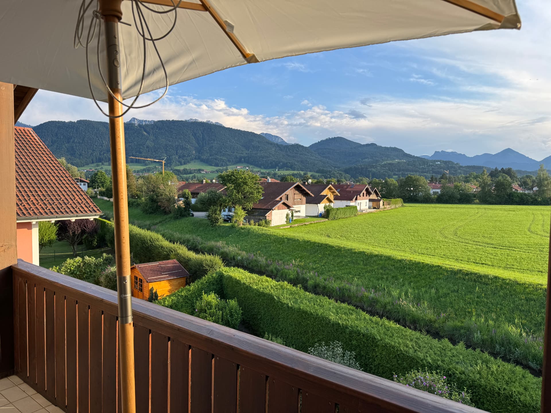 Blick vom Westbalkon über Wiesen auf die Chiemgauer Berge